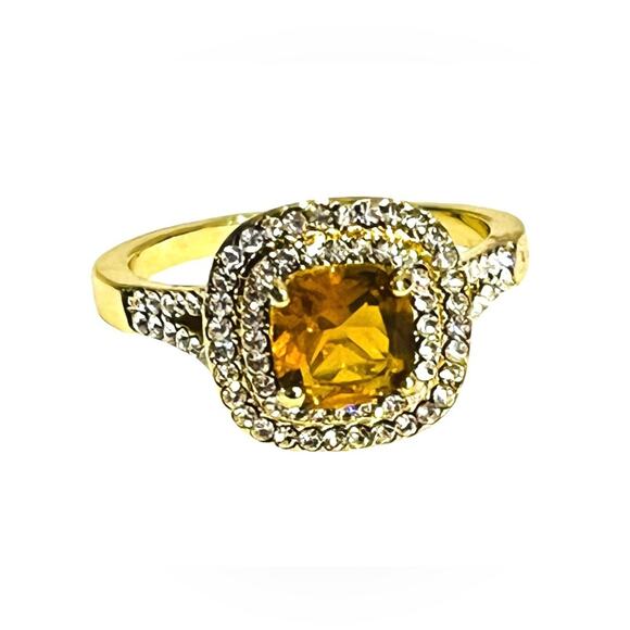 NEW Charter Club Gold Tone RING Size 7 Double Halo Cognac Crystal Macy’s Boxed - Picture 7 of 7